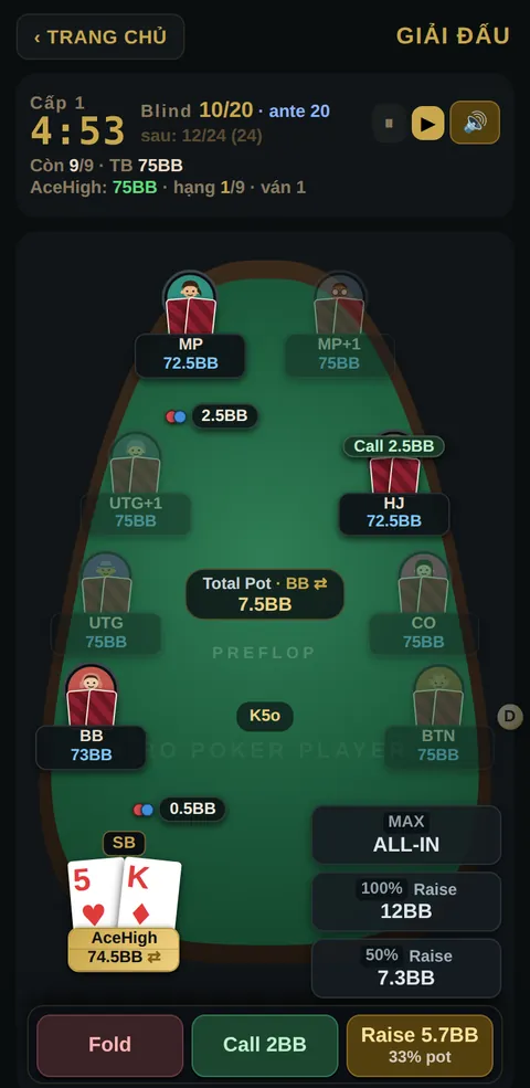 Bàn giải đấu 9 người với bot trong Pro Poker Player 247